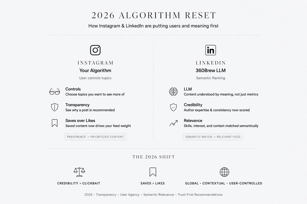 2026 Algorithm Reset Infographic breakdown comparing Instagram User Controls and LinkedIn 360Brew LLM Semantic Ranking