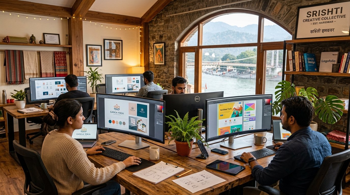 Designers crafting visual brand identities and modern website layouts at Navmesh Kalpika Haridwar design studio
