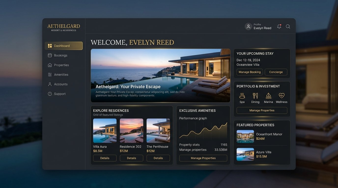 Apple and Google clean style modern luxury web portal design dashboard for high-end resort and real estate enterprise