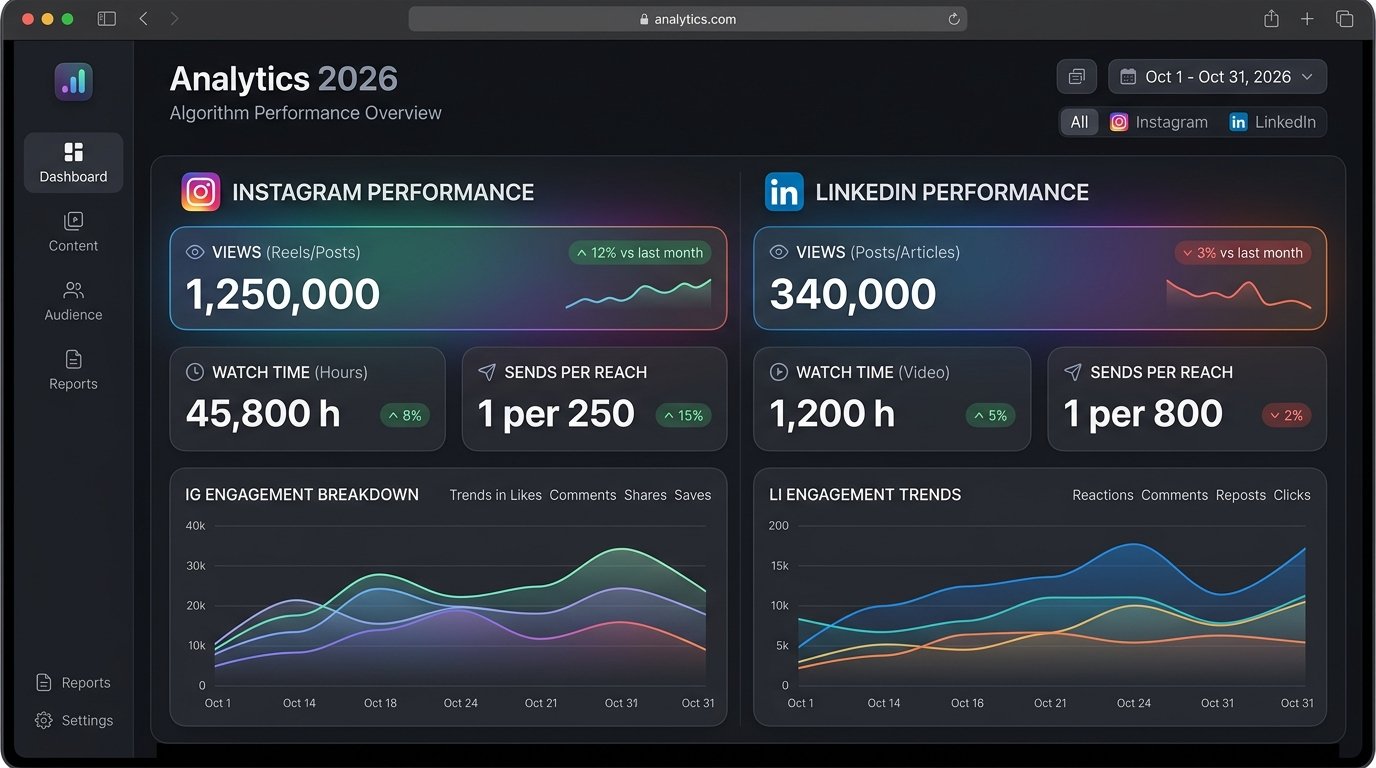 Apple and Google clean style modern analytics interface displaying Instagram and LinkedIn 2026 algorithm metrics