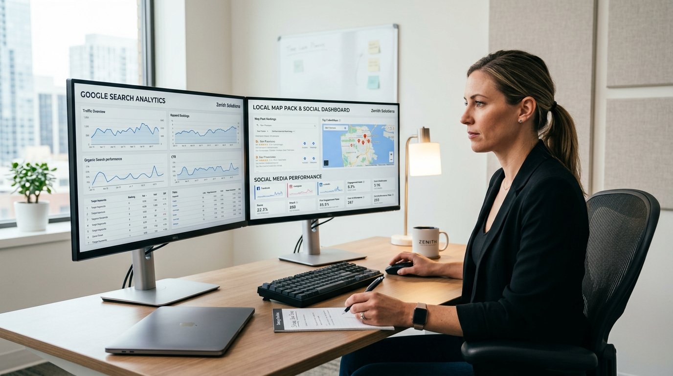 Digital marketing strategist analyzing Google local search rankings and analytics dashboards for Haridwar businesses