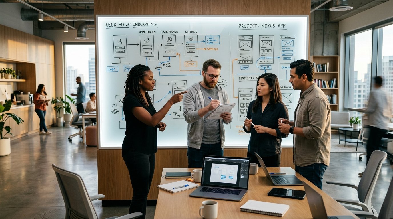 Designers collaborating on wireframes and user flow charts for UI UX conversion rate optimization