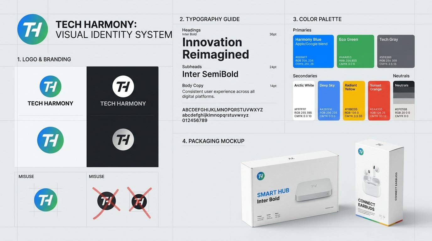 Minimalist brand identity design system layout showing color palette, typography guidelines, and packaging mockup