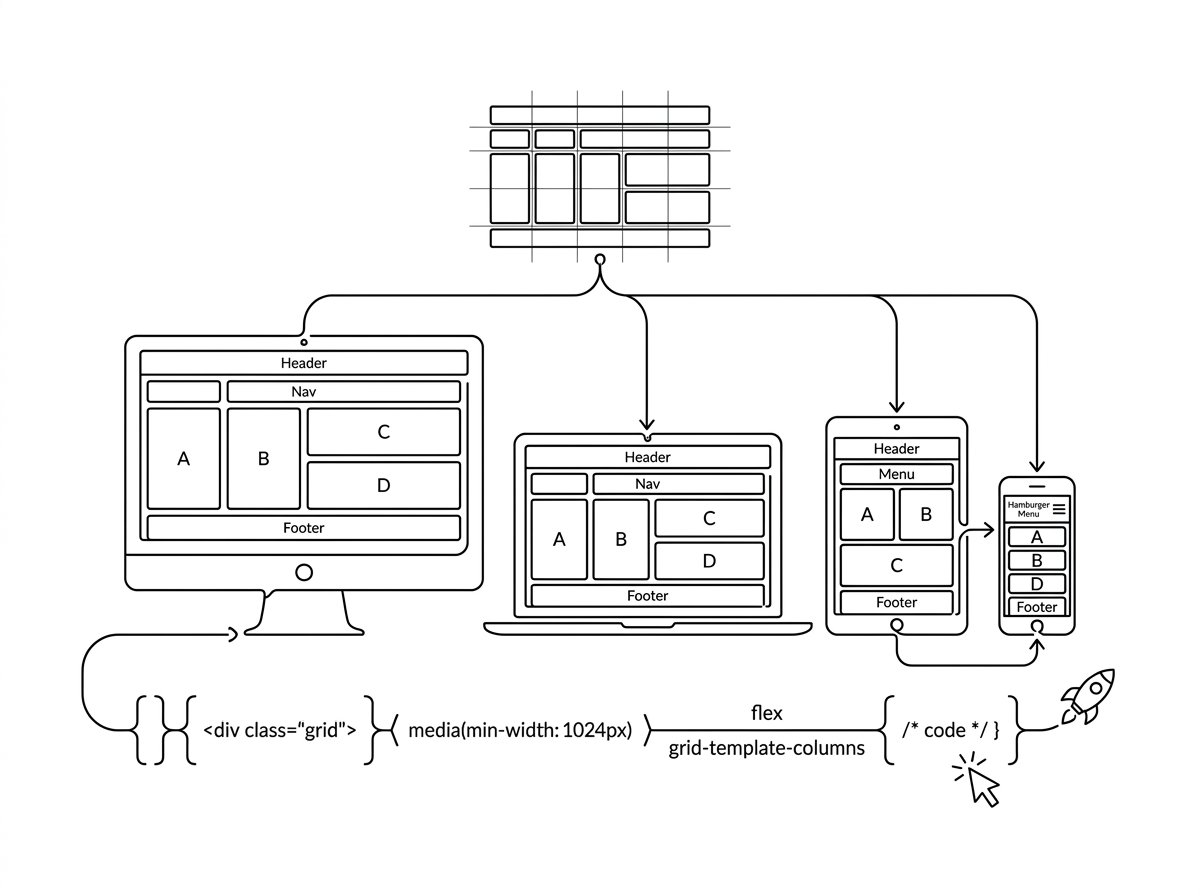 Web Design and Development line art illustration